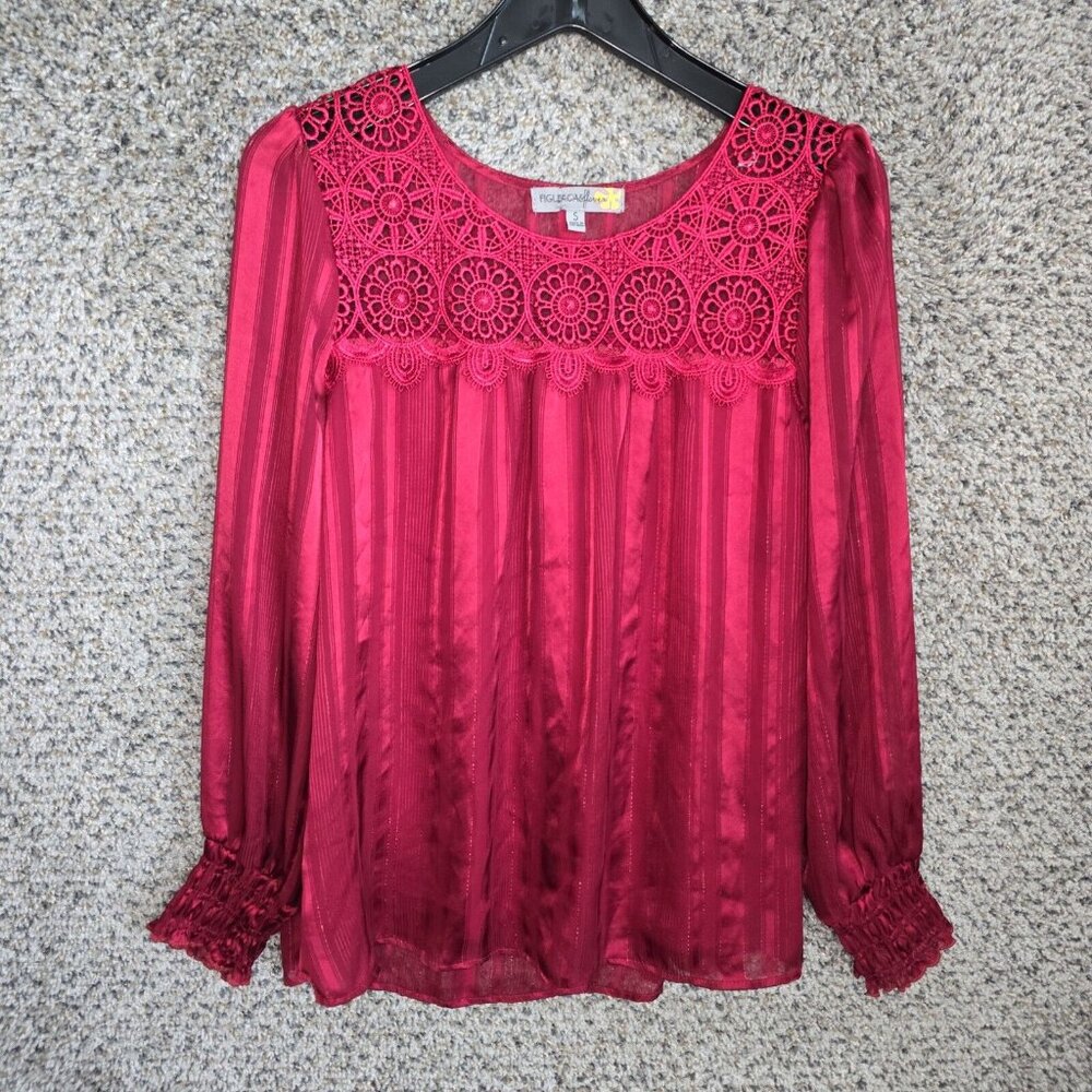 Figueroa & Flower Top Womens Small Red Long Sleeve Sheer Lined Blouse Casual